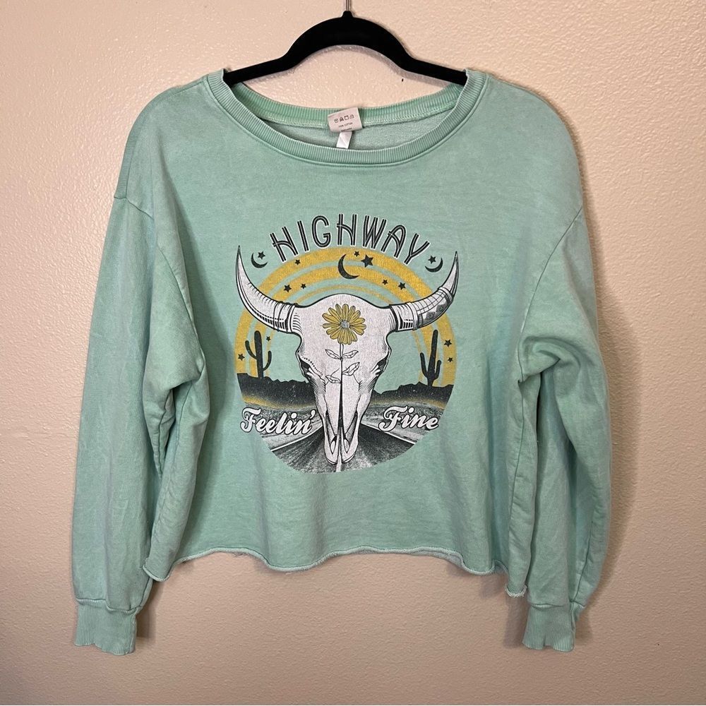 Love Vintage Western Bull Skull Cropped Crew Neck Sweatshirt Size M